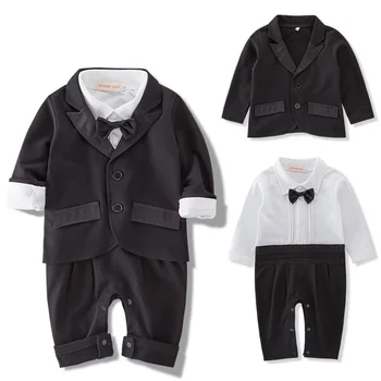Hot Salg 2021 Nye Baby Dreng Passer Gentleman Komfortable Casual Bow Tie Kjole Med Lange Ærmer Sparkedragt + Jakke Mode 2 Stykke Kulør