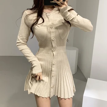 JSXDHK koreanske Casual Enkelt Breasted Kvinder Efteråret Knapper Strikket Sweater Kjole Strikke Mini Kjoler Plisserede Vestidos
