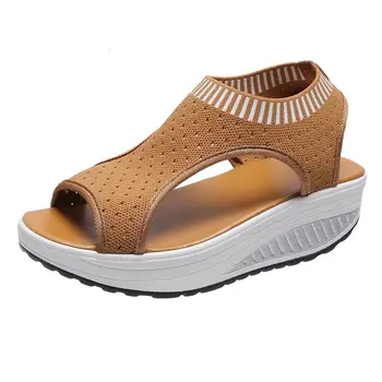 Sommeren Åndbar Mesh Stretch Sandaler Tykke Platform Kile Hæl Komfortabel Foring Peep Toe Ladies Casual Sko Kvinder