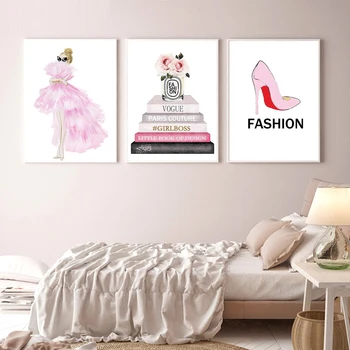 Pink Kjole Kunst Maleri Book Magazine Billeder, Mode, Parfume Væg Kunst Plakat højhælede Lærred Print Moderne Stue Indretning