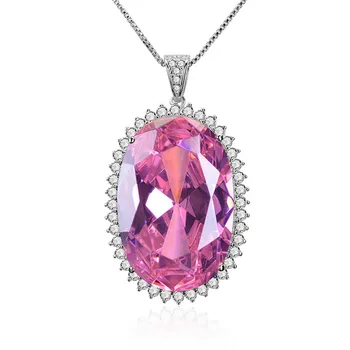 Stor luksus ovale pink krystal zircon ædelsten diamant vedhæng halskæder til kvinder hvid guld sølv smykker, ædle bijoux gave