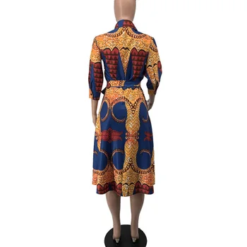Traditionelle Afrikanske Kjole Mode Til Kvinder Trykte Single Breasted Turn Down Krave Høj Talje For En Linje Midt På Læggen Elegant Kjole