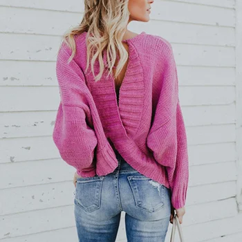 Ny efterår og vinter fashion solid farve kvinder sweater tilbage på tværs bælte backless casual femme strik