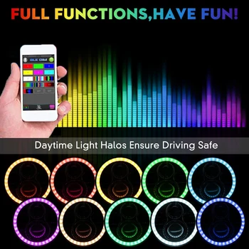 RGB 7 Tommer Halo LED-Forlygter KØRELYS Combo Kit Bluetooth-Fjernbetjening til Jeep Wrangler JK TJ LJ Hummer H1 H2