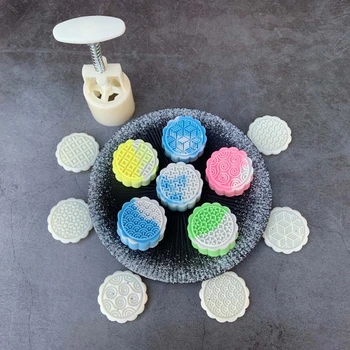 63g Mooncake Formen Med 6 Geometriske Linje Frimærker Cookie Cutter Hånd Trykke på Grøn Bønne Kage, Wienerbrød Mould DIY Bageforme Mid-Autumn