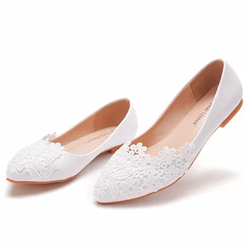 Nye Store fladskærms lace wedding sko spids tå, afslappet flade sko hvid blonde kvinder er lav hæl sko til kvinder