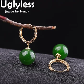 Uglyless Luksus 18K Guld Øreringe til Kvinder Enkel Slik Bolde Gemstones Brincos Naturlig Grøn Jade Jasper Øreringe AU750 Juvel