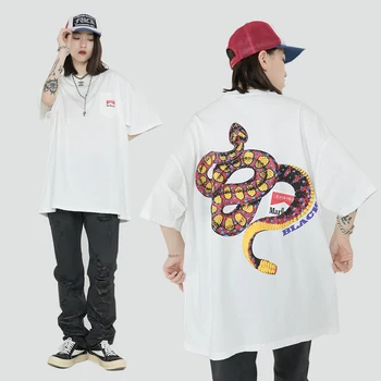Snake Overdimensionerede Kvinder T-shirt kortærmet Sommer Besætning Hals Hipster t-shirts Bomuld Tee Sort Hvid