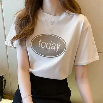 Nye Mode, Kvinder T-Shirts Geometriske Bogstaver Korte Ærmer Print Sommeren Kvindelige Tshirt Hvide Toppe Tee Afslappet Oversize Tshirt Kvinde
