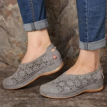 Ny Kvinde Vintage Læder Sandaler Kvindelige Hule Ud Kiler, Platform Sko Plus Size Kvinder Sommeren Slip på Retro Mokkasiner Sandaler