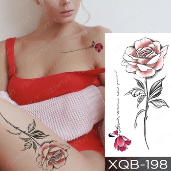 Vandtæt Midlertidig Tatovering Mærkat Simpel Linje Steg Blomst Tatoveringer Pige Fugl Rose Body Art Arm Falske Ærme Tatovering Kvinder Mænd