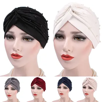 Muslimske Turban Hat Kvinder Elastisk Bomuld Flæsekanter Perle Tørklæde Crinkle Indre Islamiske Hijab Wrap Underscarf Hoved Dække Motorhjelmen Hat