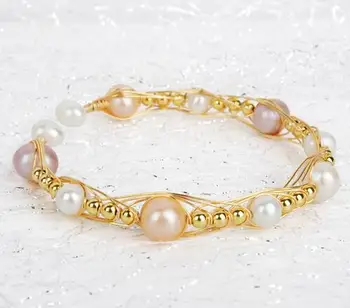 Oprindelige design 14K Guld indsprøjtning, manuel winding smykker er Naturlig hvid pink lilla freshwar Perle armbånd