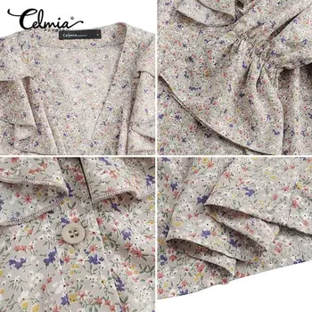 Celmia Mode Blomster Print Flæser Shirts Kvinder 2021 Foråret Lang Flare Ærmer V-hals Knapper Toppe Afslappet og Elegant Blusas S-
