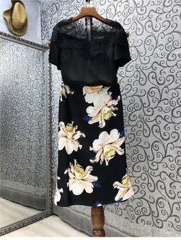 2021 Sommer Mode Nederdel Passer Høj Kvalitet Kvinder Blonder Patchwork Black Toppe+Blomster Print Elegante Midi-Nederdel Sæt To Stykke