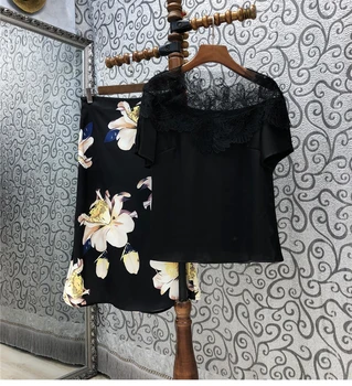 2021 Sommer Mode Nederdel Passer Høj Kvalitet Kvinder Blonder Patchwork Black Toppe+Blomster Print Elegante Midi-Nederdel Sæt To Stykke