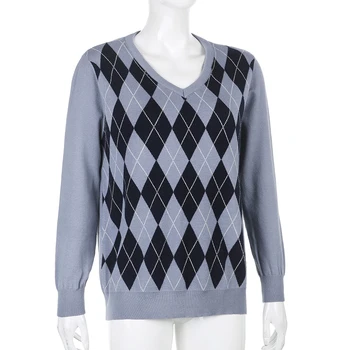 2021 Vintage Plaid Efteråret aweater Stil Strikket Sweater Kvinder Varm langærmet Y2K Pullover Toppe