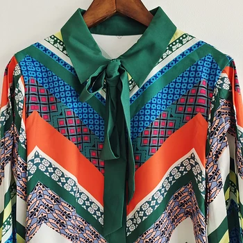 AELESEEN Afslappet Kvinder Forår Sommer Bluse Mode Nye Bue Geometriske Kontrast Farve Print Ladies Løs Skjorte