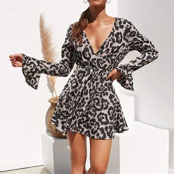 2020 Sommeren Chiffon Kjole Kvinder Leopard Print Boho Beach Kjoler Casual Flæsekanter Lange Ærmer A-line Mini-Party Dress Vestidos
