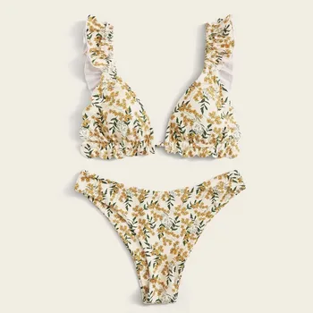 2020Women Badetøj Flæsekanter Blomster Print Badedragt Brazilian Bikini Sæt Grime badedragt BikiniBeachwear Svømmetur Kulør Sommeren Kvindelige