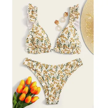 2020Women Badetøj Flæsekanter Blomster Print Badedragt Brazilian Bikini Sæt Grime badedragt BikiniBeachwear Svømmetur Kulør Sommeren Kvindelige
