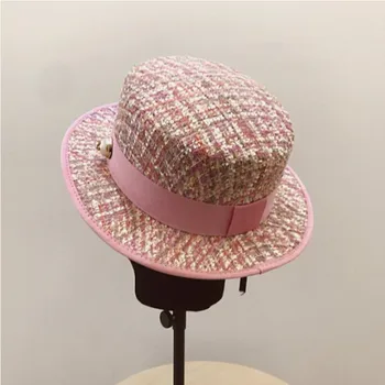 Flad top hat pink ladies style pearl flad top jacquard hat pink tweed top hat kvindelige efterår og vinter fashion trendy vilde hat