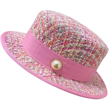 Flad top hat pink ladies style pearl flad top jacquard hat pink tweed top hat kvindelige efterår og vinter fashion trendy vilde hat