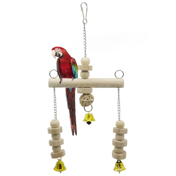 Parrot Aborre Træ-Sjove Naturlig Håndlavet Fugl Swing Stå Aborre Fugl Toy Hængende Med Klokke-Ren Træ Farve Swing Toy For Fugl