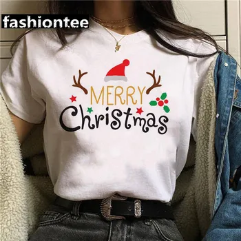 Glædelig Jul Dame T-shirt Kawaii Tegnefilm Bære Trykt Kvindelige Korte Ærmer Tøj Hvid Modal Kvinder Løs Top Tee