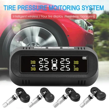 Solenergi Bil TPMS-Tire Pressure Monitor System Bygget dæktryk Dæk Temperatur Alarm med 4 Indbyggede Sensorer