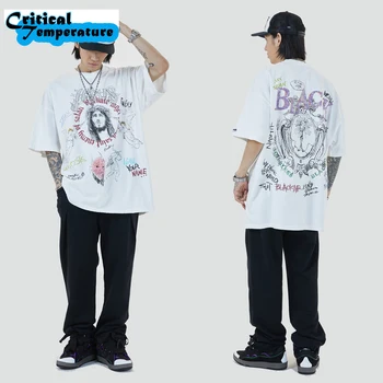 2021 Mænd Hip Hop Oversize Vasket T-Shirt Streetwear Maleri Brev Angel Print T-Shirt Harajuku Bomuld Kortærmet Tshirt