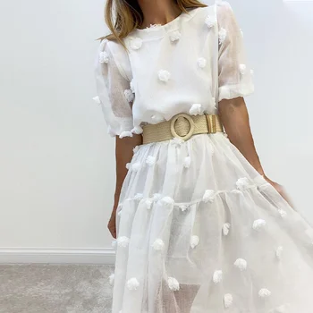 Kvinder Chiffon Pynt Midi Kjole Afslappet O-Hals Lanterne Ærme Kvindelige Hvide Kjoler 2021 Sommeren Dame Elegante Mode Vestido
