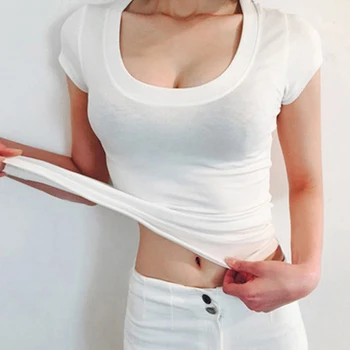 Bunden Kvinder T-Shirt Kort Ærme O-Hals Bomuld T-Shirt Slank Sexet Sommer Toppe 2021 Koreansk Tøj Tshirt Kvinde Tøj