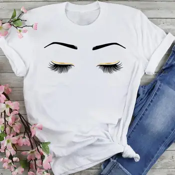 Kvinder Sød 90'erne Eyelash Akvarel Gøre Op Tegnefilm Sommer Mode Dejlige Tøj Udskrive Kort Ærme Toppe, t-Shirts t-shirt T-Shirt
