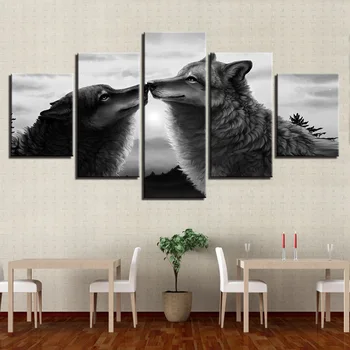 5 paneler Canvas HD Udskriver Malerier Stue Væg Kunst 5 Stykker Black Wolves Kys Billeder, Animal Abstrakte Plakater Home Decor