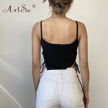 ArtSu Solid Mode Ærmeløs U-Hals T-Shirts Snøre Hvid Crop Top Kvinder Slank Streetwear 2021 Sort Sexet Sommer Tank Tops Femme