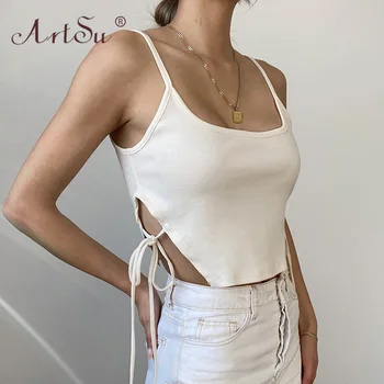 ArtSu Solid Mode Ærmeløs U-Hals T-Shirts Snøre Hvid Crop Top Kvinder Slank Streetwear 2021 Sort Sexet Sommer Tank Tops Femme