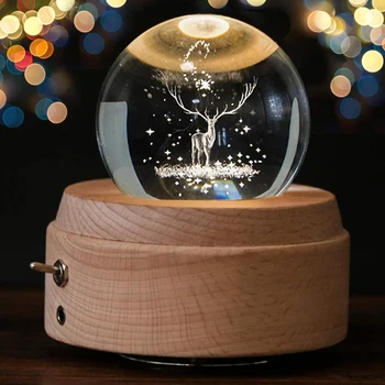 3D Crystal Ball Music Box Hjorte Lysende Roterende Musikalsk Boks Med Projektion Led Lys
