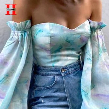 Sommer Tees Top Mujer T-shirts 2021 Puff Ærmer Harajuku Kvinder Tøj Blomst Udskrivning Backless Cropped Toppe Slank Femme Bluse