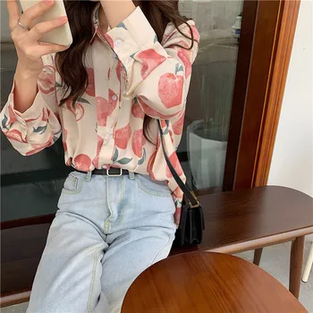 Sommeren 2021 nye sød mode løs udenlandske style vilde revers populære langærmet blomst skjorte bluse kvinder vetement femme