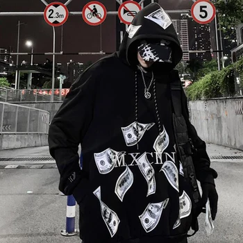 High Street Oversize Kontant Trykt Sweatshirt Par Casual Streetwear Mænd Kvinder I Hiphop-Hipster Mørk Hættetrøje Mode Løs Frakke