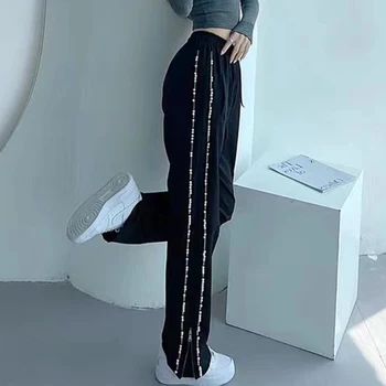 GALCAUR Løs Bred Ben Bukser Til Kvinder af Høj Talje Minimalistiske Side Split Snor Designer Bukser Kvindelige 2021 Mode Tøj