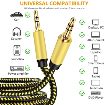 AUX Kabel,3,5 Mm Aux Stereo Audio Kabel-1M Flettet Nylon mand Til Mand-Kompatible Hovedtelefoner, bilradio