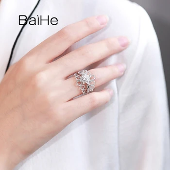 BAIHE Massivt 14K White Gold 0.38 ct Naturlige Diamanter Ring for Kvinder Bryllup Trendy Fine Smykker Diamant Vagt Ring Crown кольцо