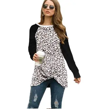 Kvinder T-shirt Leopard Syning Langærmet T-shirt med O Hals Casual Foråret Efteråret Kvinder Toppe Damer 2021 Tøj