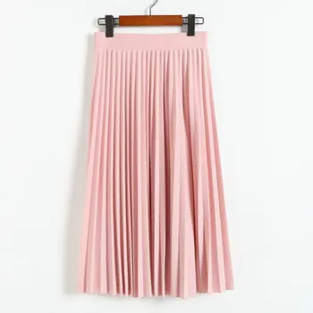 QRWR Forår, Sommer Mode Kvinder Nederdel 2021 Elastisk Høj Talje Solid Halv Længde Plisserede Nederdele Damer Sort Pink Midi-Nederdel