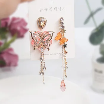 2020 koreanske version af den nye Rhinestone Butterfly Asymmetrisk Crystal Lange Øreringe Mode til Alle-match Women ' s Party Smykker