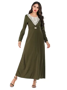 Arabisk-muslimske kvinder kjole marokkanske kaftan a-linje maxi vestidos Elegant rund Hals Lace Beaded Slank abaya isalmic tøj ropa