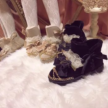 Japansk mørk stil sløjfeknude blonder goth punk street sne støvler med tyk bund pige sko korte rør tykkere cosplay cos loli