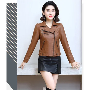 Forår, Efterår Kort Imiteret Læder Kvinder 2021New Sort Khaki Plus Size Slim Temperament Top koreanske Mode PU Læder Jakke N1171